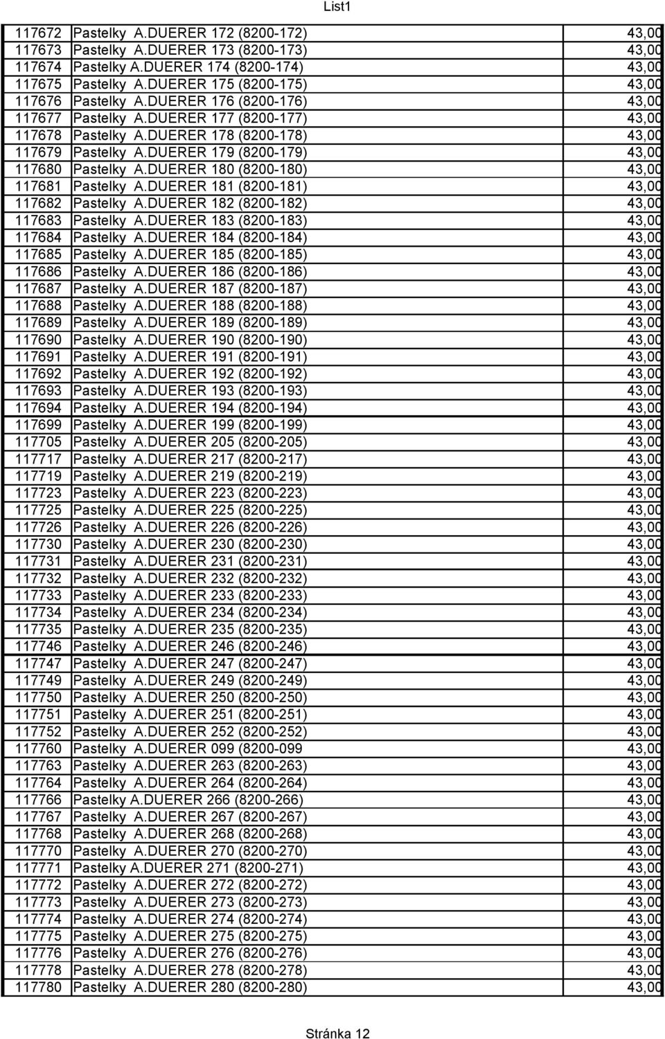 DUERER 179 (8200-179) 43,00 117680 Pastelky A.DUERER 180 (8200-180) 43,00 117681 Pastelky A.DUERER 181 (8200-181) 43,00 117682 Pastelky A.DUERER 182 (8200-182) 43,00 117683 Pastelky A.