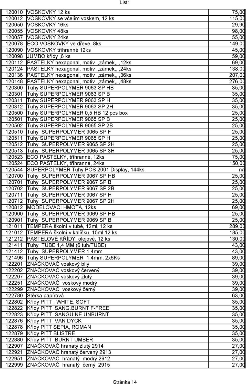 hexagonal, motiv,,zámek,,,36ks 207,00 120148 PASTELKY hexagonal, motiv,,zámek,,,48ks 276,00 120300 Tuhy SUPERPOLYMER 9063 SP HB 35,00 120301 Tuhy SUPERPOLYMER 9063 SP B 35,00 120311 Tuhy SUPERPOLYMER