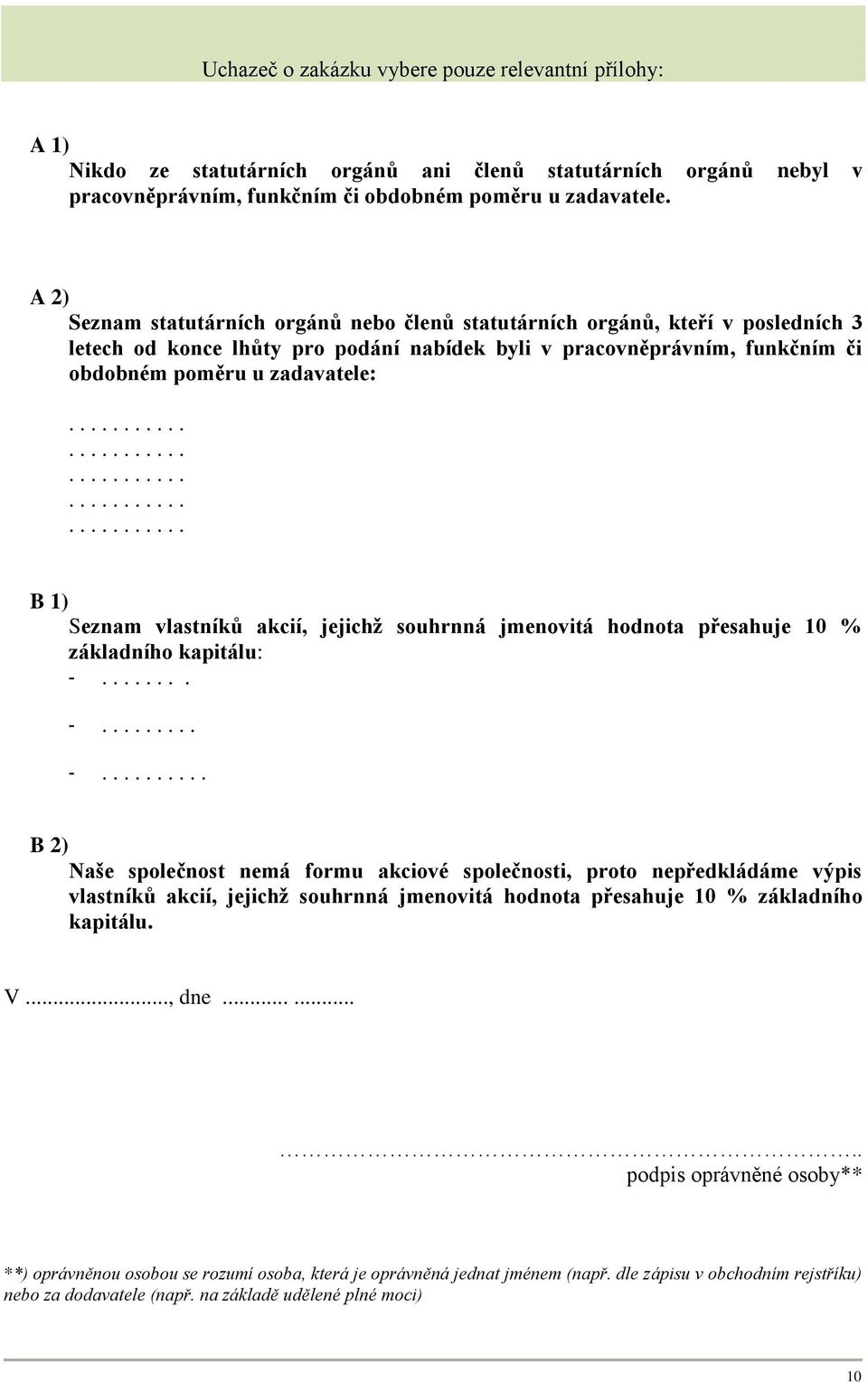 ...................................................... B 1) Seznam vlastníků akcií, jejichž souhrnná jmenovitá hodnota přesahuje 10 % základního kapitálu: -.