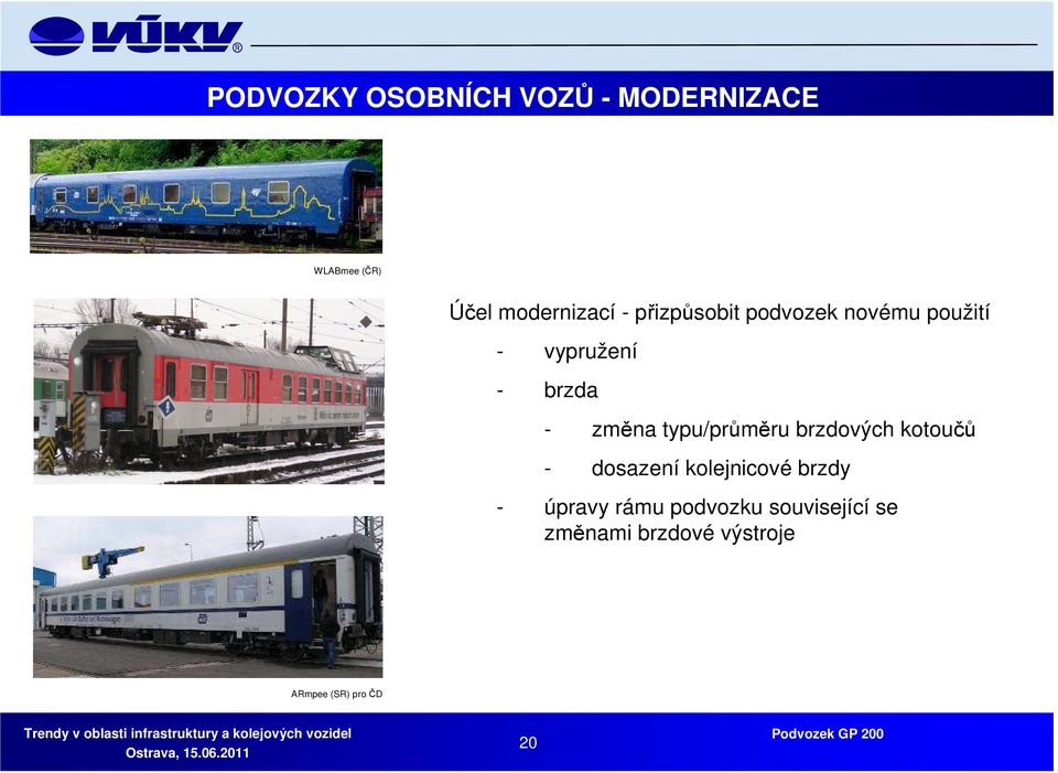 typu/průměru brzdových kotoučů - dosazení kolejnicové brzdy - úpravy