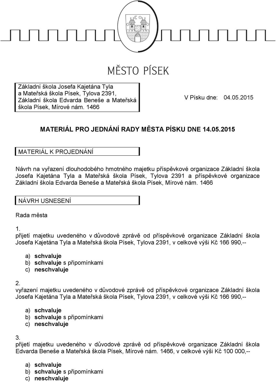 2015 MATERIÁL K PROJEDNÁNÍ Návrh na vyřazení dlouhodobého hmotného majetku příspěvkové organizace Základní škola Josefa Kajetána Tyla a Mateřská škola Písek, Tylova 2391 a příspěvkové organizace