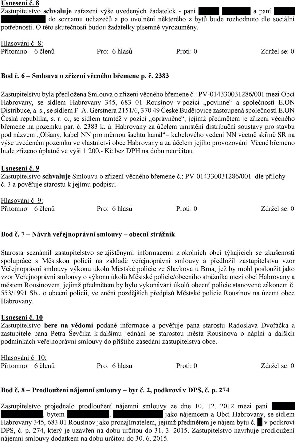 O této skutečnosti budou žadatelky písemně vyrozuměny. Hlasování č. 8: Bod č. 6 Smlouva o zřízení věcného břemene p. č. 2383 Zastupitelstvu byla předložena Smlouva o zřízení věcného břemene č.