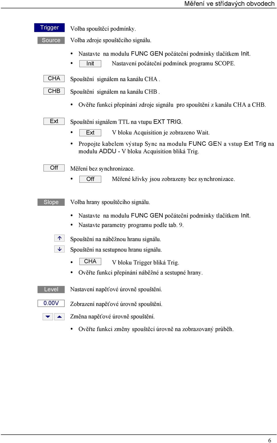 Ext V bloku Acquisition je zobrazeno Wait. Propojte kabelem výstup Sync na modulu FUNC GEN a vstup Ext Trig na modulu ADDU - V bloku Acquisition bliká Trig. ff Měření bez synchronizace.