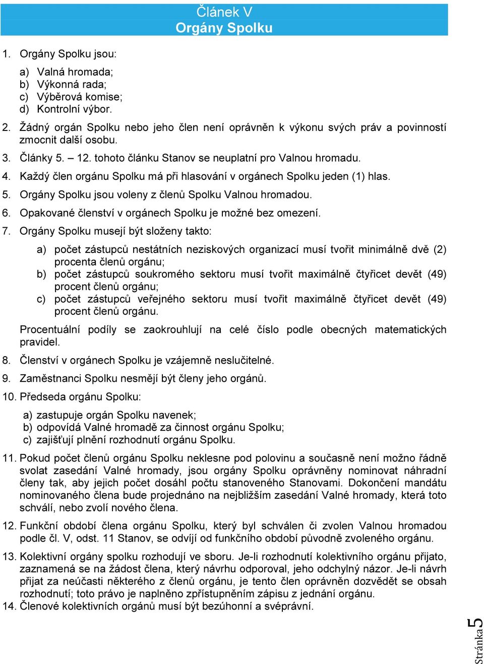 Každý člen orgánu Spolku má při hlasování v orgánech Spolku jeden (1) hlas. 5. Orgány Spolku jsou voleny z členů Spolku Valnou hromadou. 6. Opakované členství v orgánech Spolku je možné bez omezení.