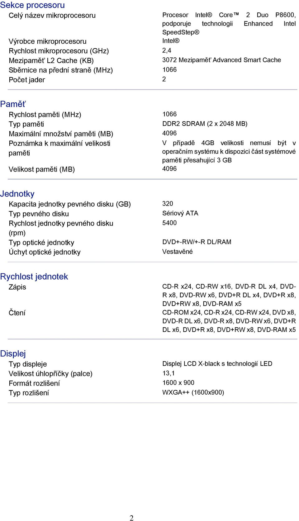 4096 Poznámka k maximální velikosti paměti Velikost paměti (MB) 4096 V případě 4GB velikosti nemusí být v operačním systému k dispozici část systémové paměti přesahující 3 GB Jednotky Kapacita