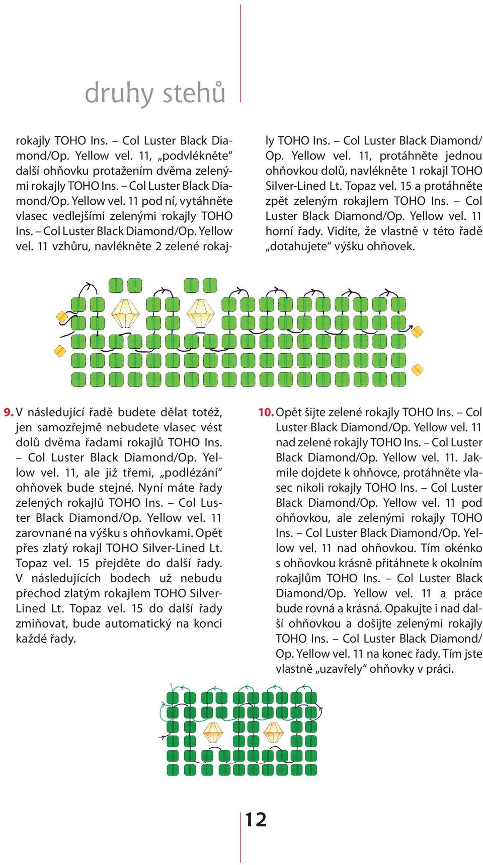 Topaz vel. 15 a protáhněte zpět zeleným rokaj lem TOHO Ins. Col Luster Black Diamond/Op. Yellow vel. 11 horní řady. Vidíte, že vlastně v této řadě dotahujete výšku ohňovek. 9.