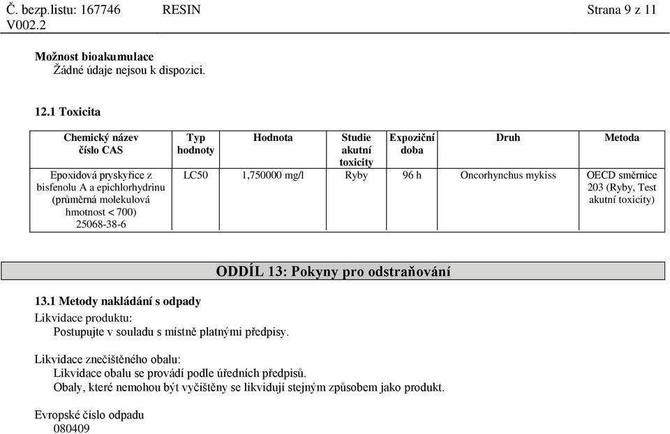 1,750000 mg/l Ryby 96 h Oncorhynchus mykiss OECD směrnice 203 (Ryby, Test akutní toxicity) 13.