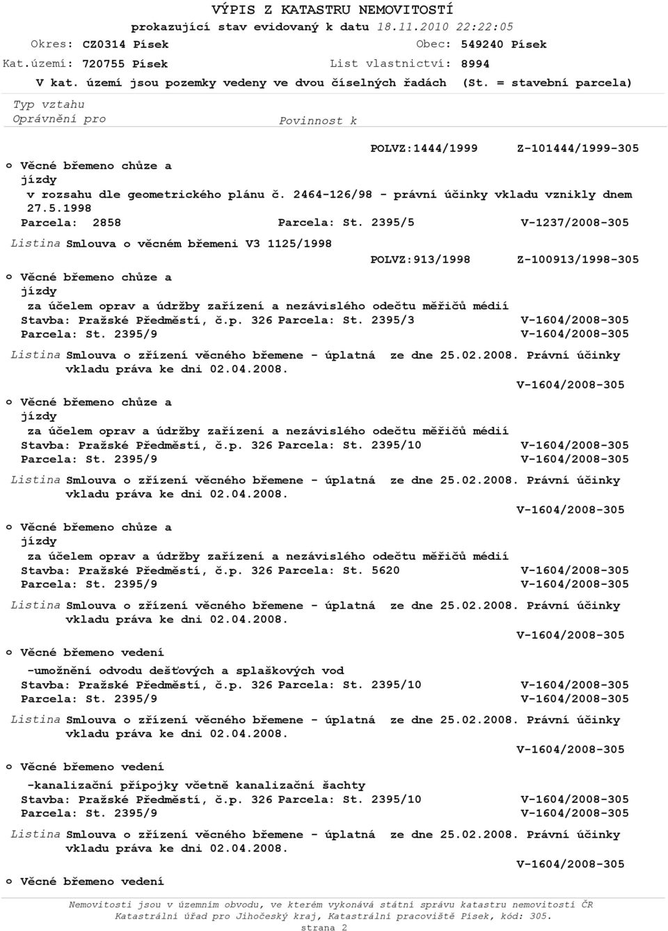 1998 Parcela: 2858 V-1237/2008-305 Listina Smluva věcném břemeni V3 1125/1998 POLVZ:913/1998 Z-100913/1998-305 za účelem prav a údržby zařízení a nezávisléh dečtu