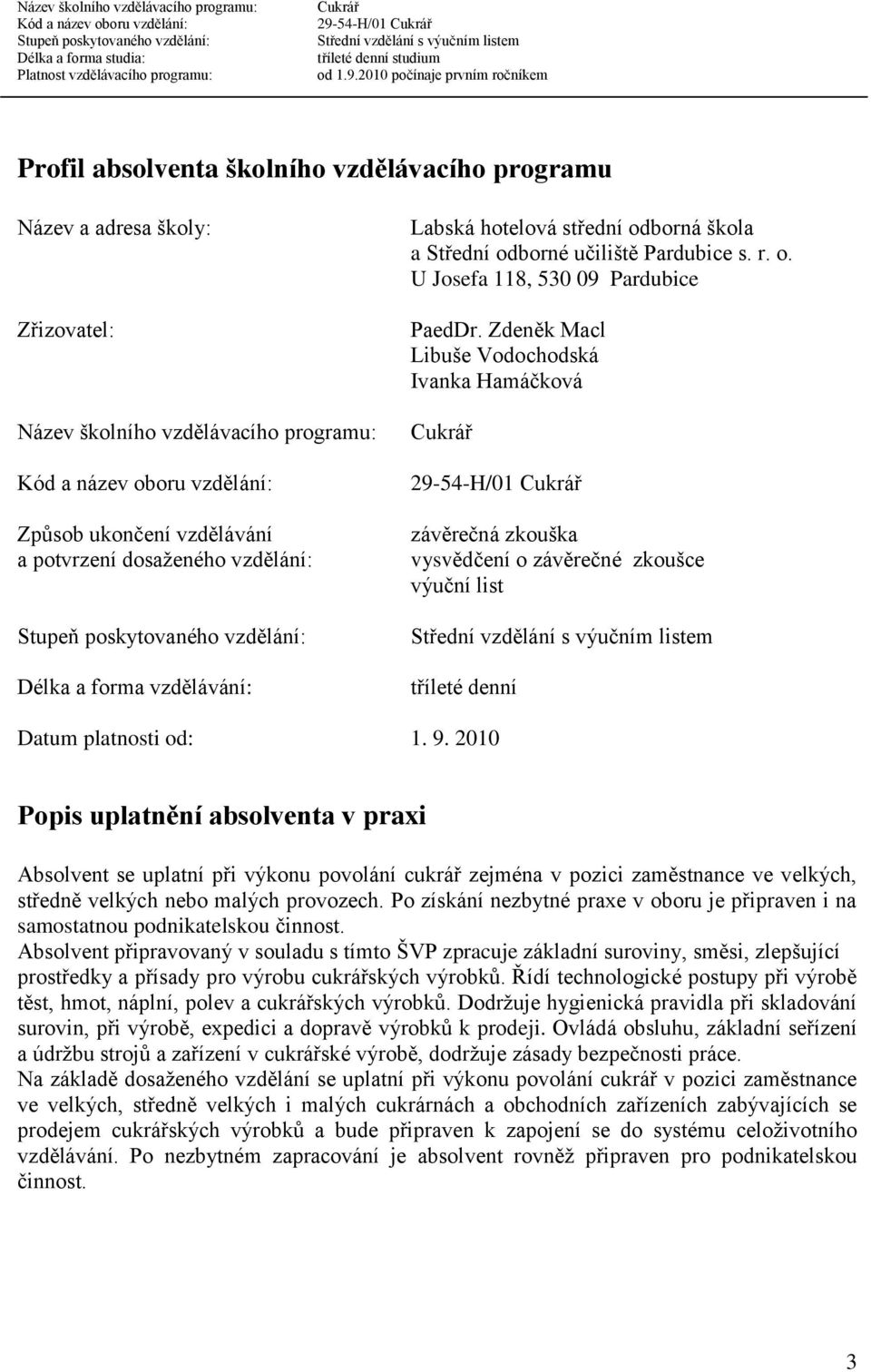 Zdeněk Macl Libuše Vodochodská Ivanka Hamáčková 29-54-H/01 závěrečná zkouška vysvědčení o závěrečné zkoušce výuční list tříleté denní Datum platnosti od: 1. 9.