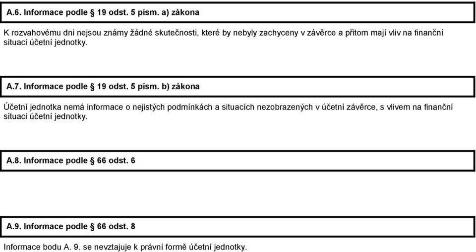 situaci účetní jednotky. A.7. Informace podle 19 odst. 5 písm.