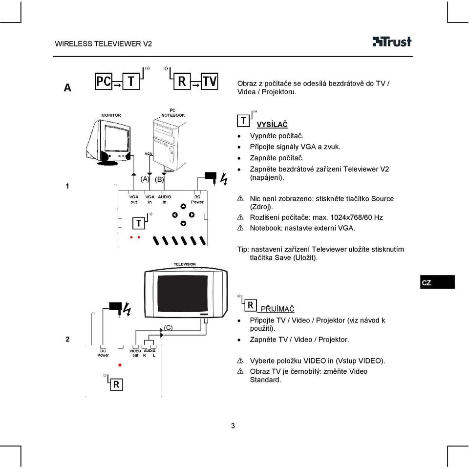 1024x768/60 Hz Notebook: nastavte externí VGA. Tip: nastavení zařízení Televiewer uložíte stisknutím tlačítka Save (Uložit).