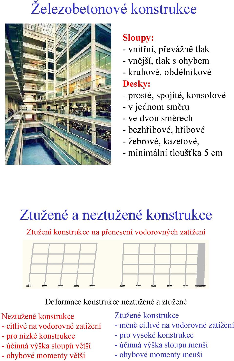 vodorovných zatížení Deformace konstrukce neztužené a ztužené Neztužené konstrukce - citlivé na vodorovné zatížení - pro nízké konstrukce -účinná výška