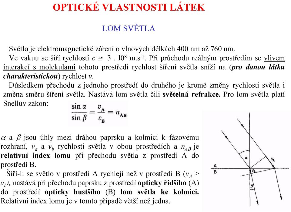 Důsledkem přechodu z jednoho prostředí do druhého je kromě změny rychlosti světla i změna směru šíření světla. Nastává lom světla čili světelná refrakce.