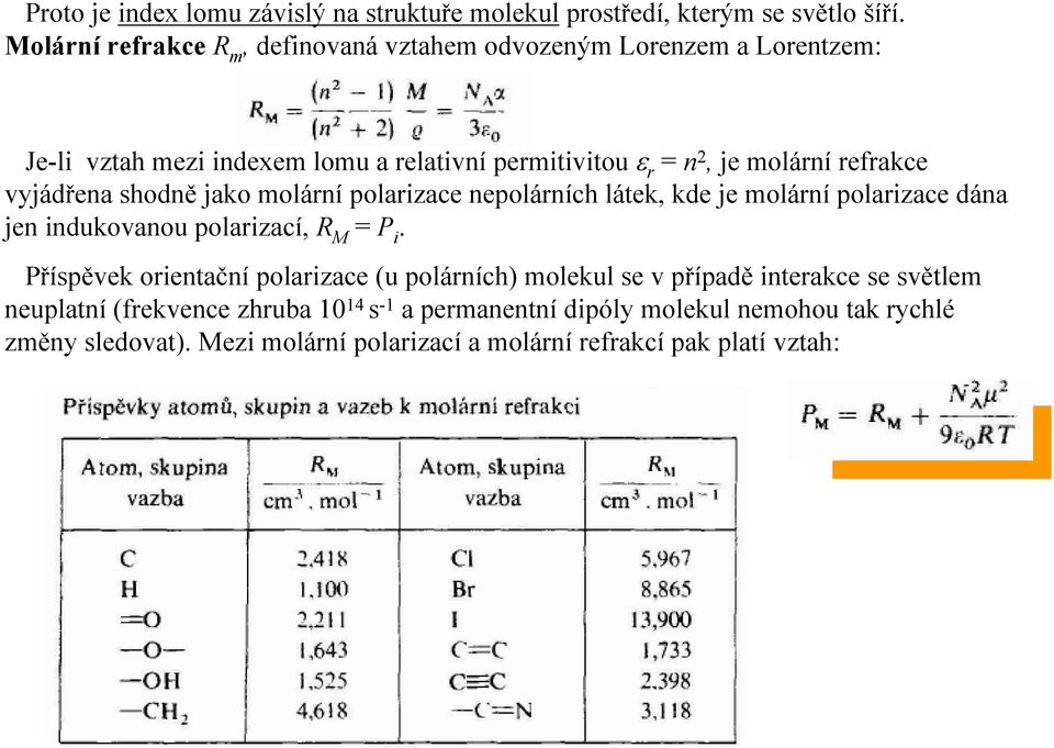 refrakce vyjádřena shodně jako molární polarizace nepolárních látek, kde je molární polarizace dána jen indukovanou polarizací, R M = P i.