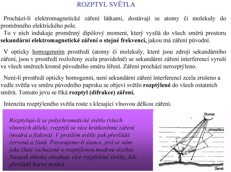 V opticky homogenním prostředí (atomy či molekuly, které jsou zdroji sekundárního záření, jsou v prostředí rozloženy zcela pravidelně) se sekundární záření interferencí vyruší ve všech směrech kromě