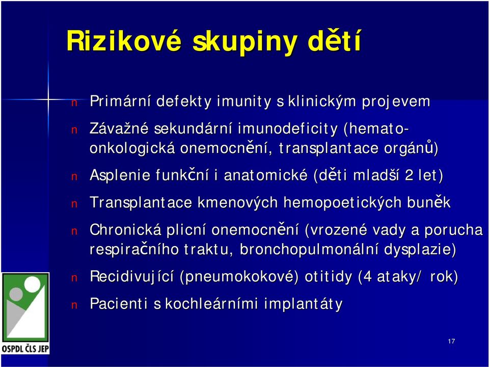 Transplantace kmenových hemopoetických buněk Chronická plicní onemocnění (vrozené vady a porucha respiračního