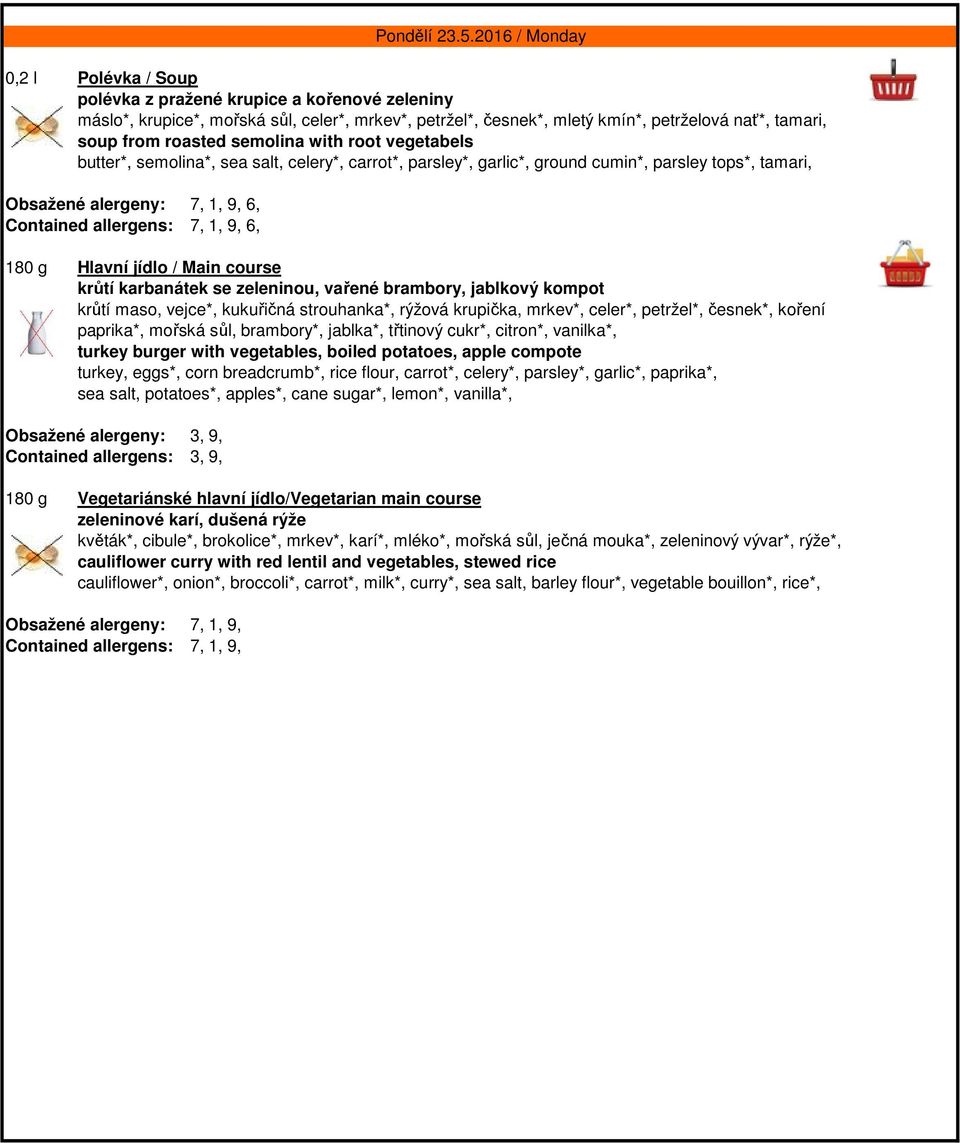 karbanátek se zeleninou, vařené brambory, jablkový kompot krůtí maso, vejce*, kukuřičná strouhanka*, rýžová krupička, mrkev*, celer*, petržel*, česnek*, koření paprika*, mořská sůl, brambory*,