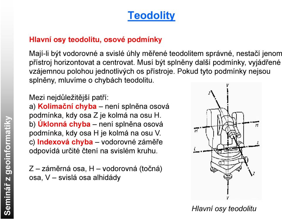 Semin ář z geo oinform matiky Mezi nejdůležitější patří: a) Kolimační chyba není splněna osová podmínka, kdy osa Z je kolmá na osu H.