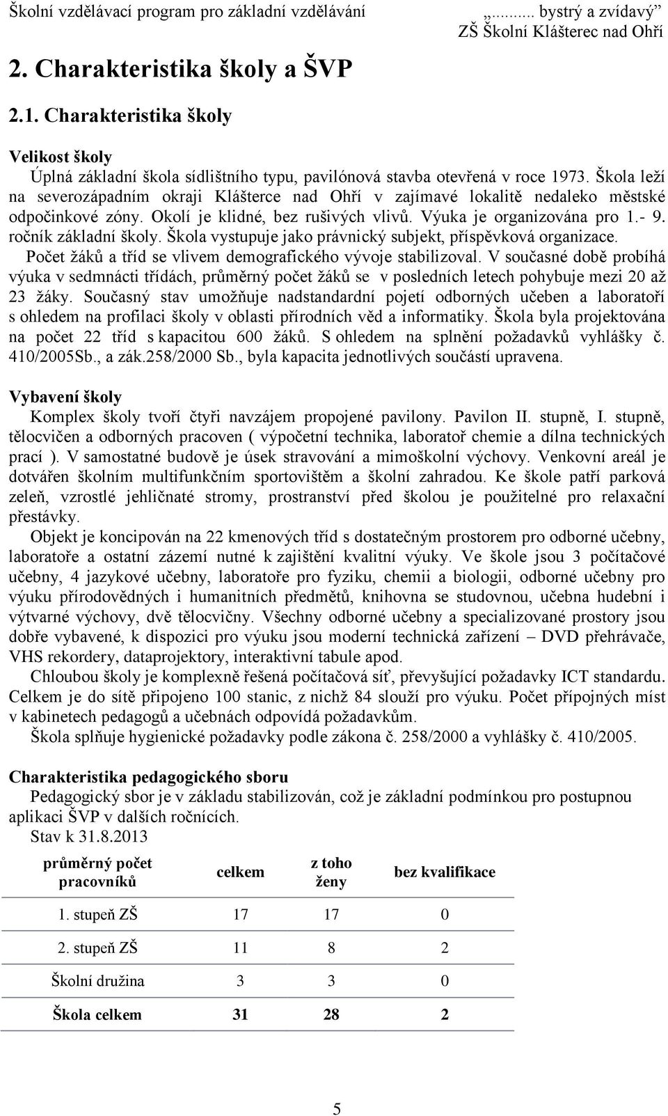 ročník základní školy. Škola vystupuje jako právnický subjekt, příspěvková organizace. Počet žáků a tříd se vlivem demografického vývoje stabilizoval.