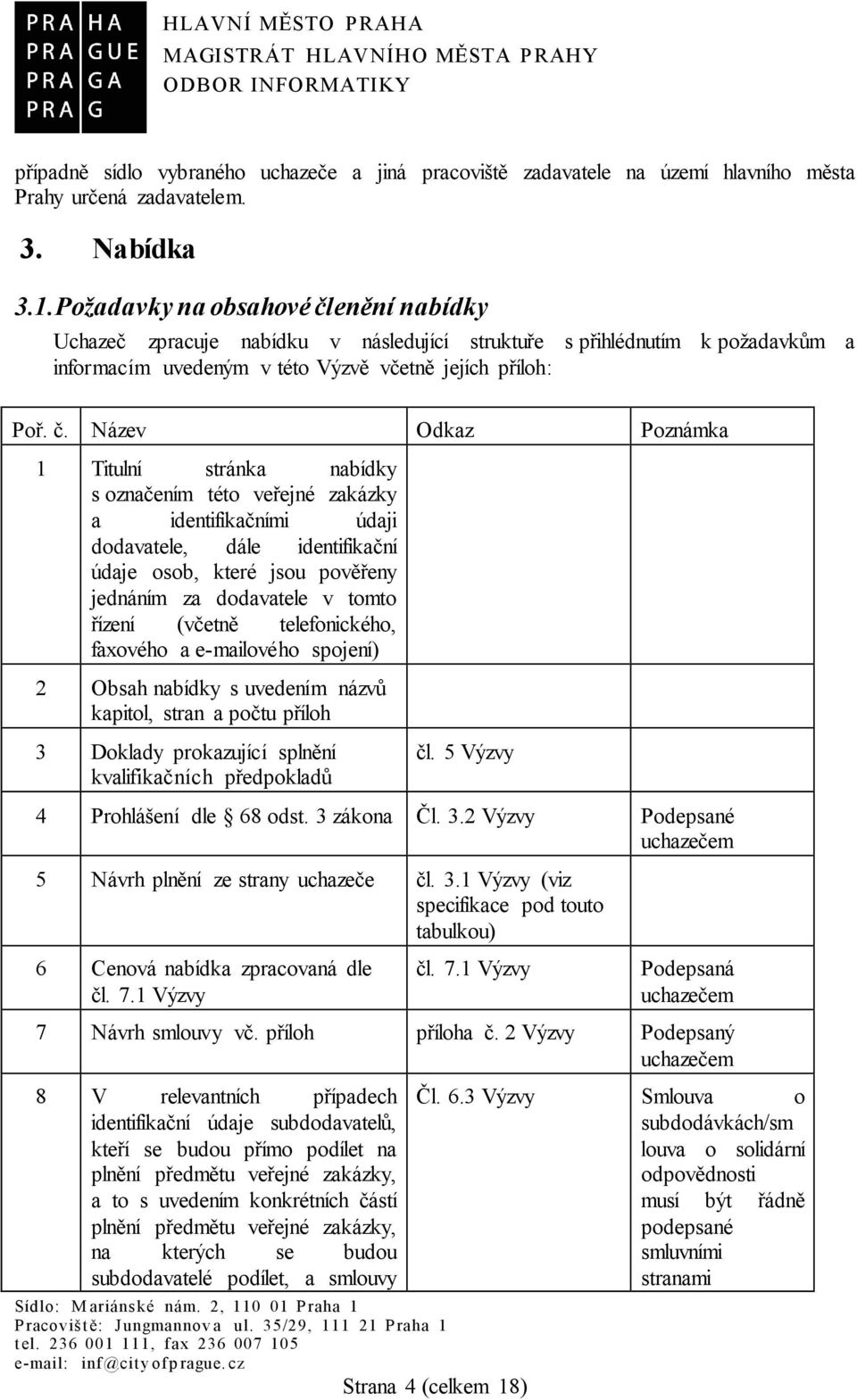 enění nabídky Uchazeč zpracuje nabídku v následující struktuře s přihlédnutím k požadavkům a informacím uvedeným v této Výzvě včetně jejích příloh: Poř. č.