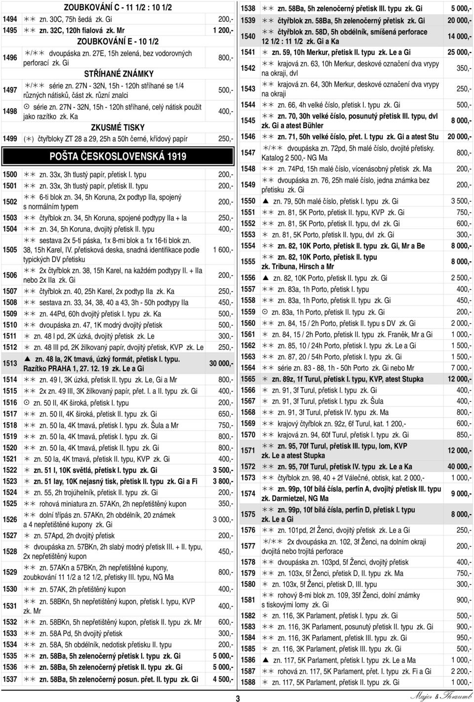 Ka ZKUSMÉ TISKY 1499 ( ) čtyřbloky ZT 28 a 29, 25h a 50h černé, křídový papír POŠTA ČESKOSLOVENSKÁ 1919 1500 zn. 33x, 3h tlustý papír, přetisk I. typu 1501 zn. 33x, 3h tlustý papír, přetisk II.