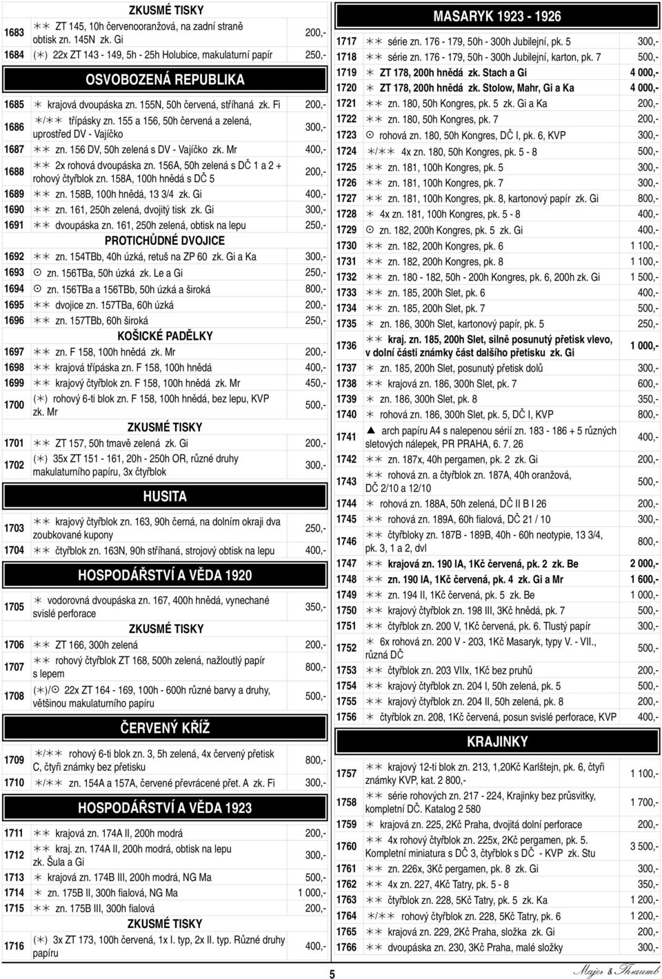 156A, 50h zelená s DČ 1 a 2 + rohový čtyřblok zn. 158A, 100h hnědá s DČ 5 1689 zn. 158B, 100h hnědá, 13 3/4 zk. Gi 1690 zn. 161, 250h zelená, dvojitý tisk zk. Gi 1691 dvoupáska zn.