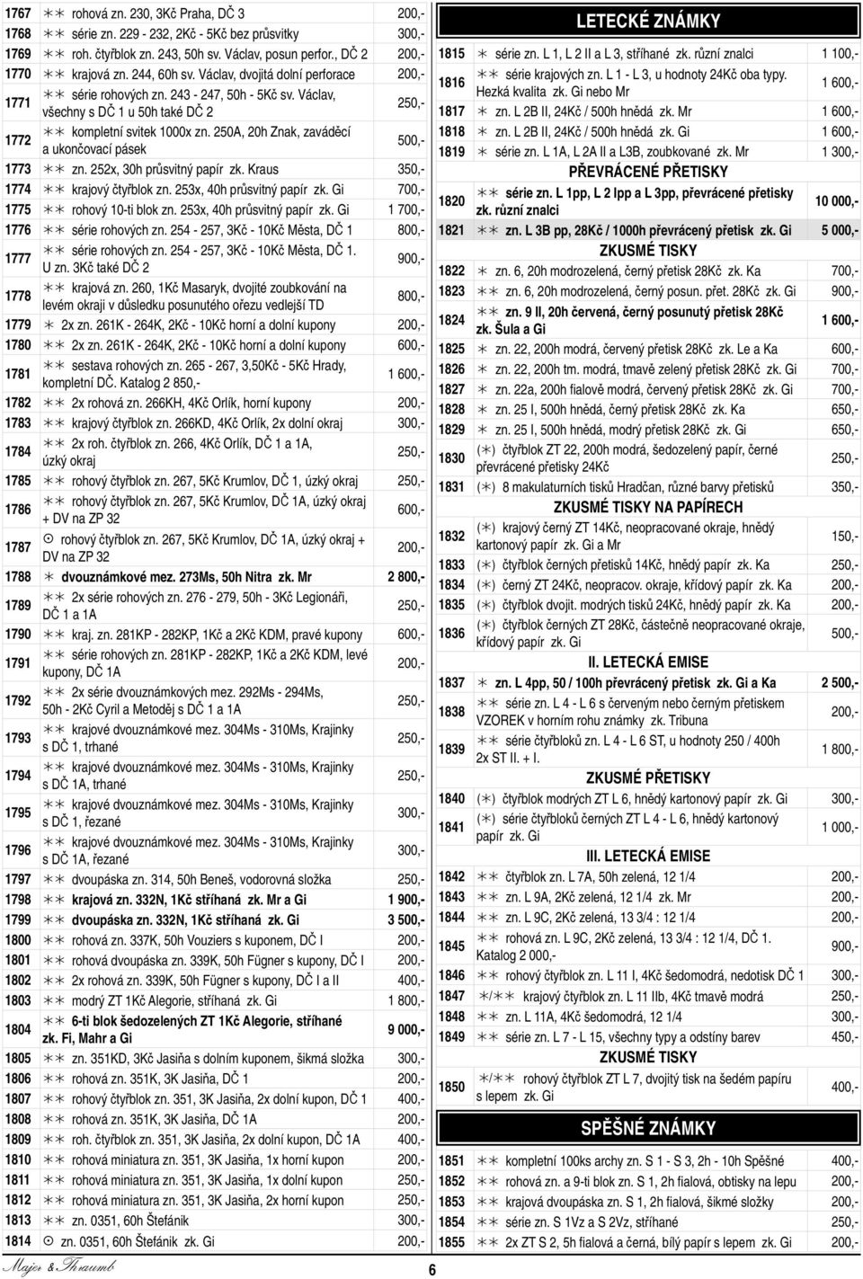 250A, 20h Znak, zaváděcí a ukončovací pásek 1773 zn. 252x, 30h průsvitný papír zk. Kraus 350,- 1774 krajový čtyřblok zn. 253x, 40h průsvitný papír zk. Gi 1775 rohový 10-ti blok zn.