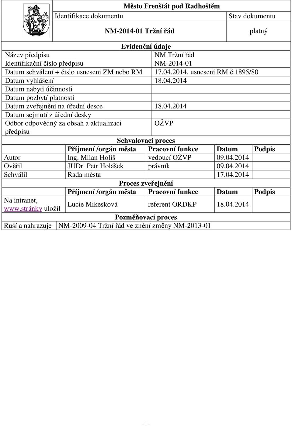 Milan Holiš vedoucí OŽVP 09.04.2014 Ověřil JUDr. Petr Holášek právník 09.04.2014 Schválil Rada města 17.04.2014 Proces zveřejnění Příjmení /orgán města Pracovní funkce Datum Podpis Na intranet, www.