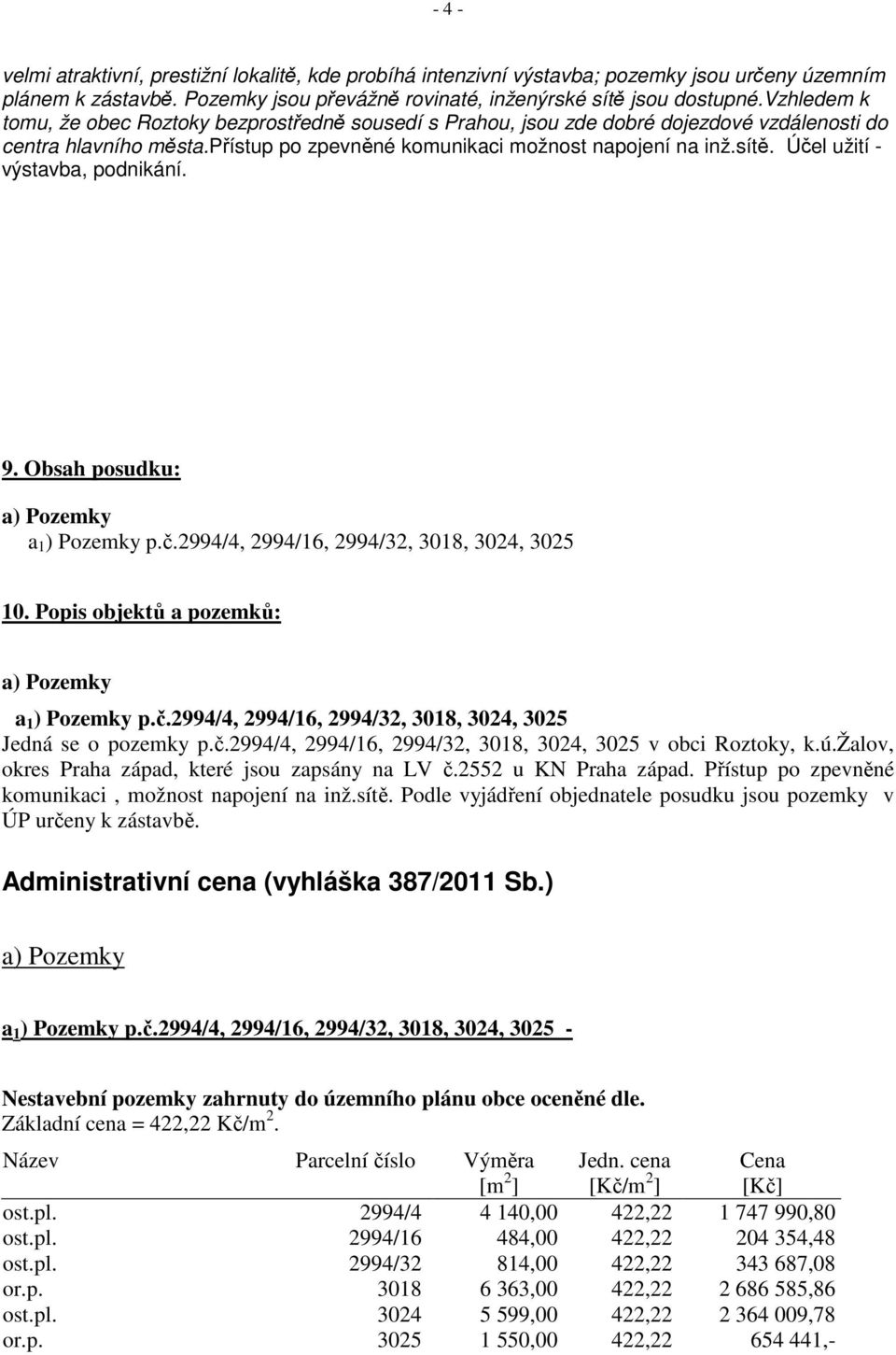 Účel užití - výstavba, podnikání. 9. Obsah posudku: a) Pozemky a 1 ) Pozemky p.č.2994/4, 2994/16, 2994/32, 3018, 3024, 3025 10. Popis objektů a pozemků: a) Pozemky a 1 ) Pozemky p.č.2994/4, 2994/16, 2994/32, 3018, 3024, 3025 Jedná se o pozemky p.