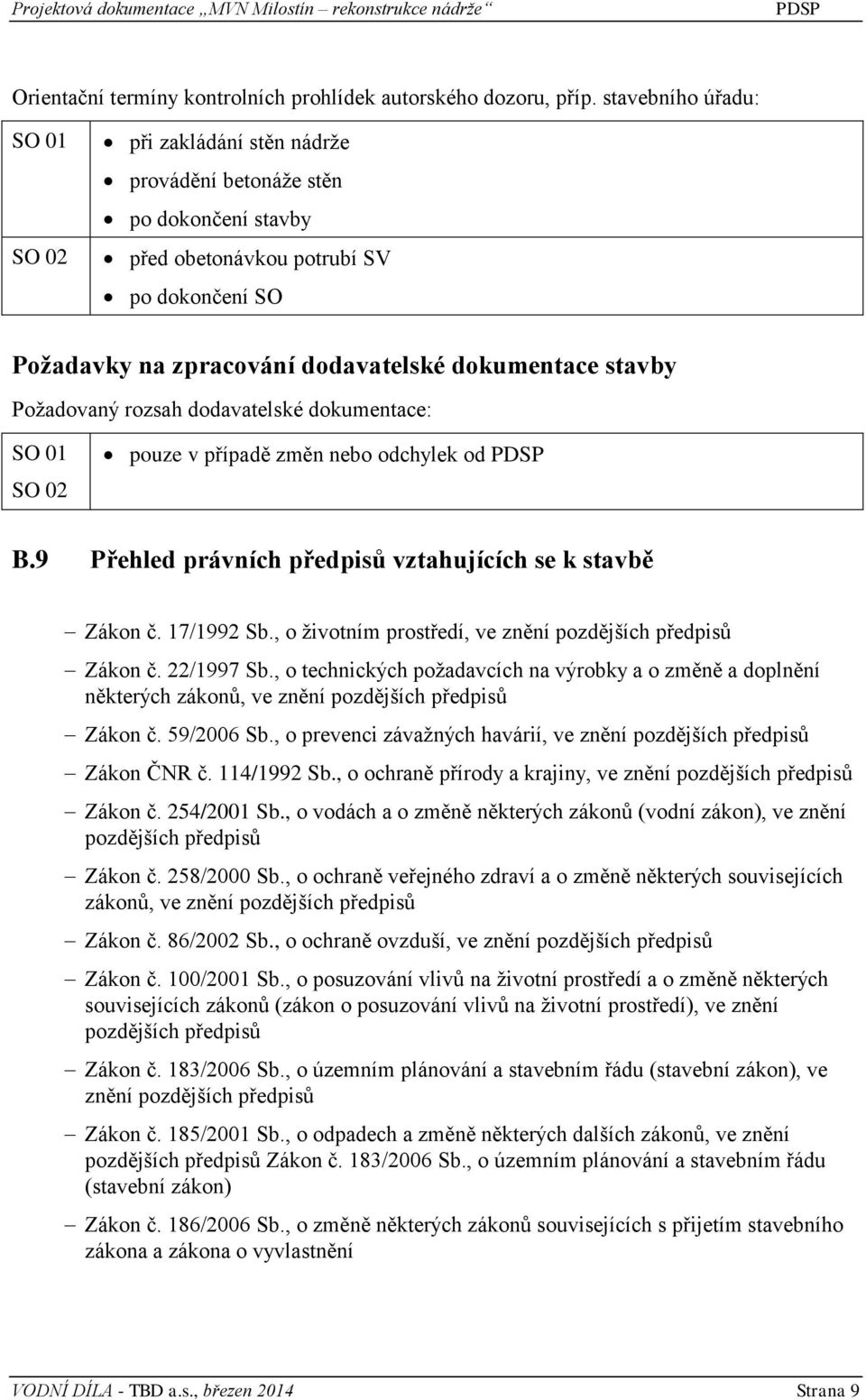 Požadovaný rozsah dodavatelské dokumentace: SO 01 SO 02 pouze v případě změn nebo odchylek od B.9 Přehled právních předpisů vztahujících se k stavbě Zákon č. 17/1992 Sb.