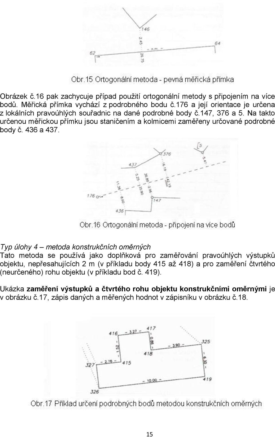 Na takto určenou měřickou přímku jsou staničením a kolmicemi zaměřeny určované podrobné body č. 436 a 437.