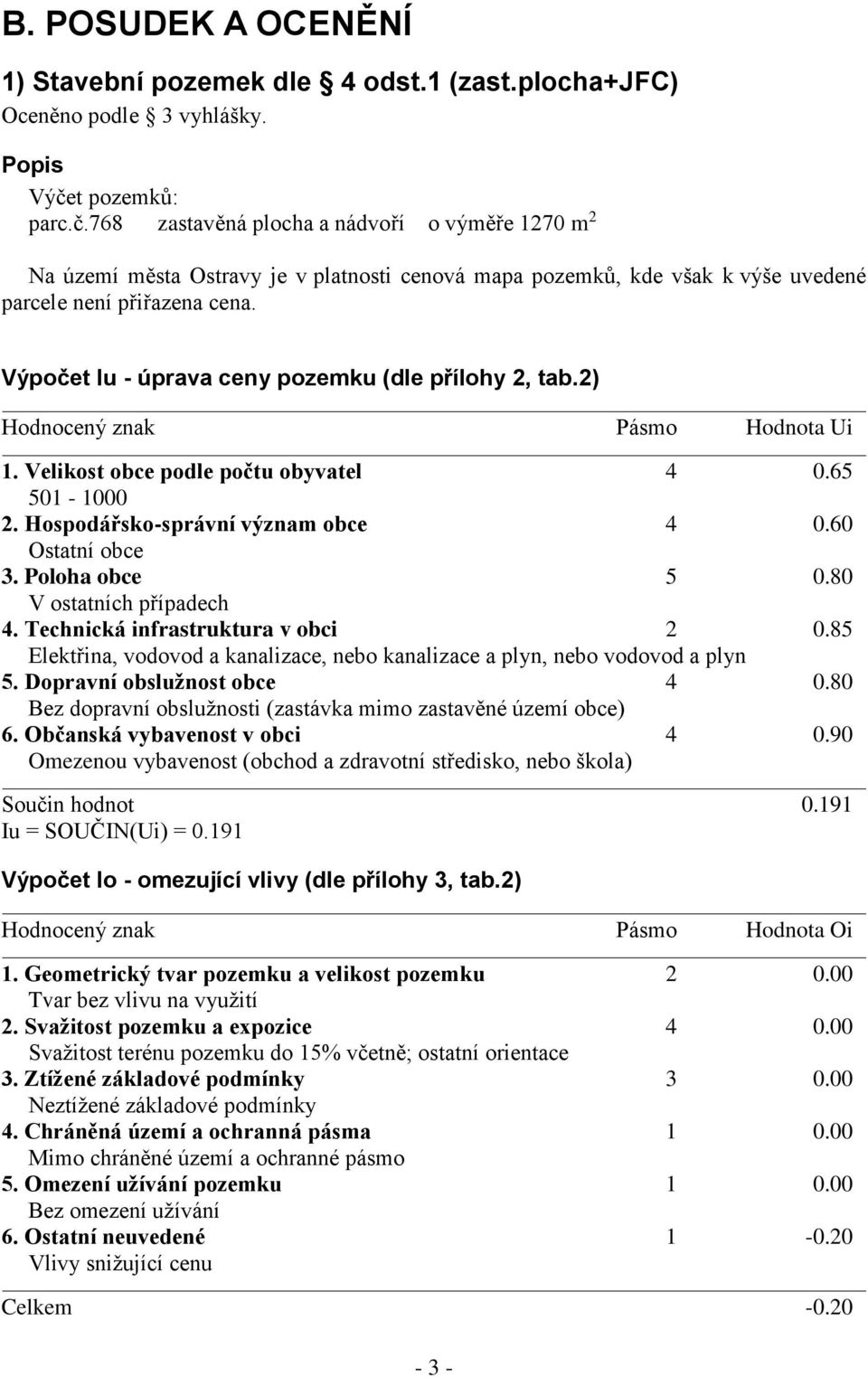 Výpočet Iu - úprava ceny pozemku (dle přílohy 2, tab.2) Hodnocený znak Pásmo Hodnota Ui 1. Velikost obce podle počtu obyvatel 4 0.65 501-1000 2. Hospodářsko-správní význam obce 4 0.60 Ostatní obce 3.