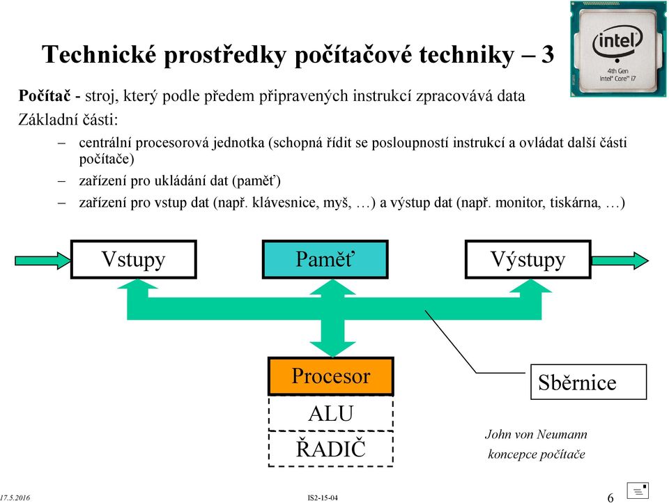 ukládání dat (paměť) zařízení pro vstup dat (např. klávesnice, myš, ) a výstup dat (např.