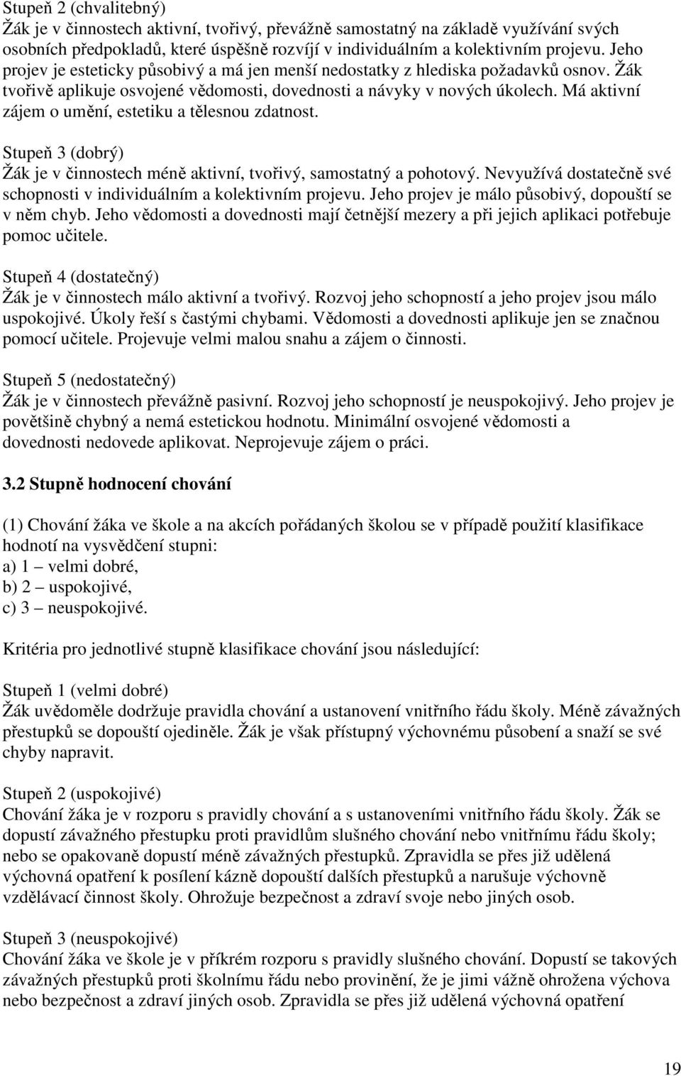 Má aktivní zájem o umění, estetiku a tělesnou zdatnost. Stupeň 3 (dobrý) Žák je v činnostech méně aktivní, tvořivý, samostatný a pohotový.