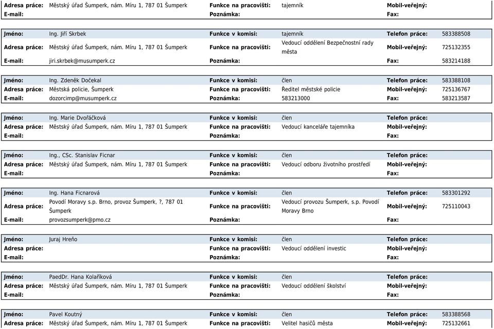 Zdeněk Dočekal Funkce v komisi: člen Telefon práce: 583388108 Městská policie, Šumperk Funkce na pracovišti: Ředitel městské policie 725136767 dozorcimp@musumperk.