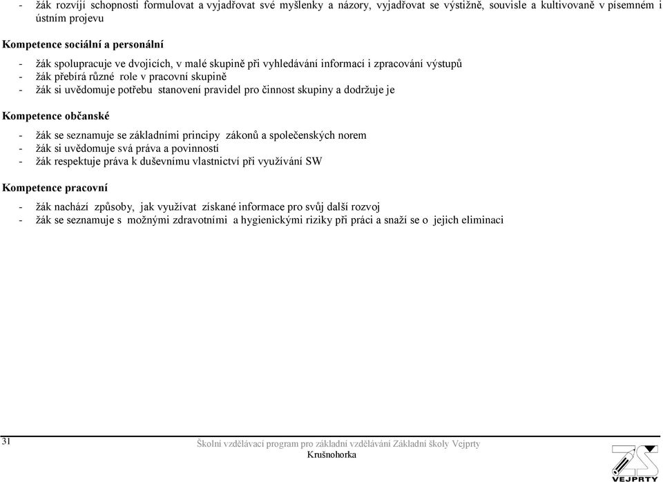 Kompetence občanské - žák se seznamuje se základními principy zákonů a společenských norem - žák si uvědomuje svá práva a povinností - žák respektuje práva k duševnímu vlastnictví při využívání SW