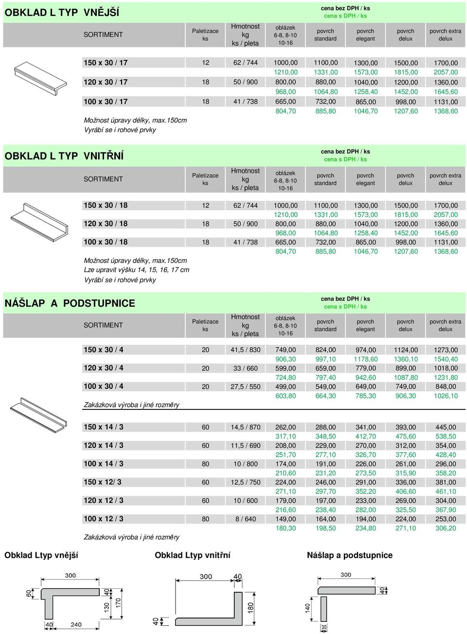 150cm Vyrábí se i rohové prvky OBKLAD L TYP VNITŘNÍ / pleta extra 150 x 30 / 18 12 62 / 744 1000,00 1100,00 1300,00 1500,00 1700,00 1210,00 1331,00 1573,00 1815,00 2057,00 120 x 30 / 18 18 50 / 900