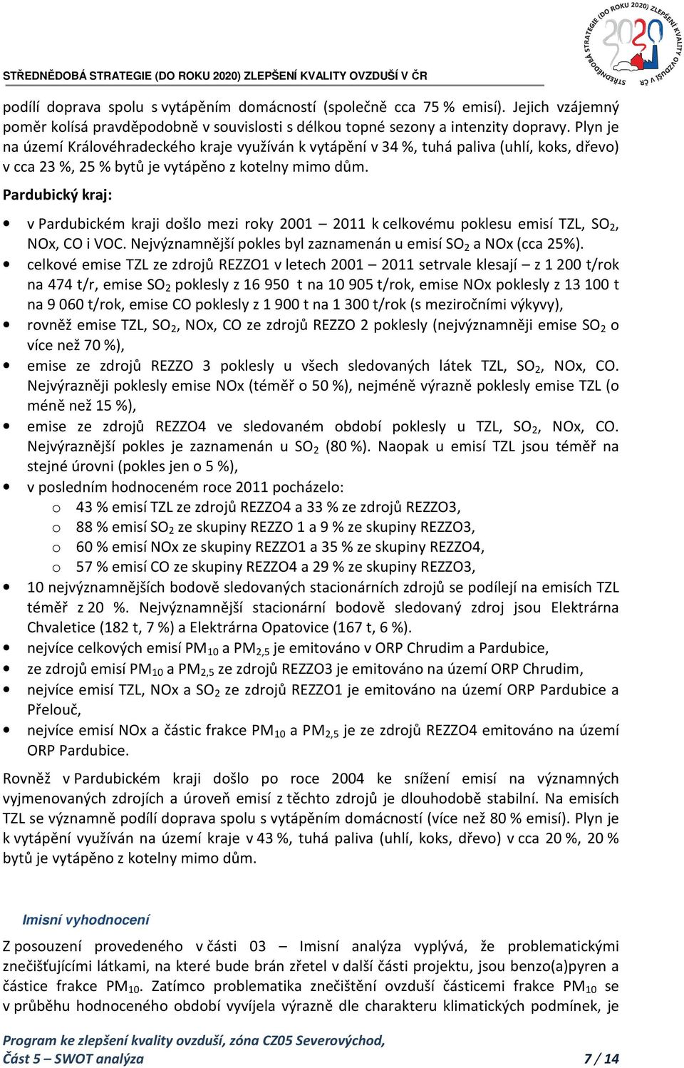 Pardubický kraj: v Pardubickém kraji došlo mezi roky 2001 2011 k celkovému poklesu emisí TZL, SO 2, NOx, CO i VOC. Nejvýznamnější pokles byl zaznamenán u emisí SO 2 a NOx (cca 25%).