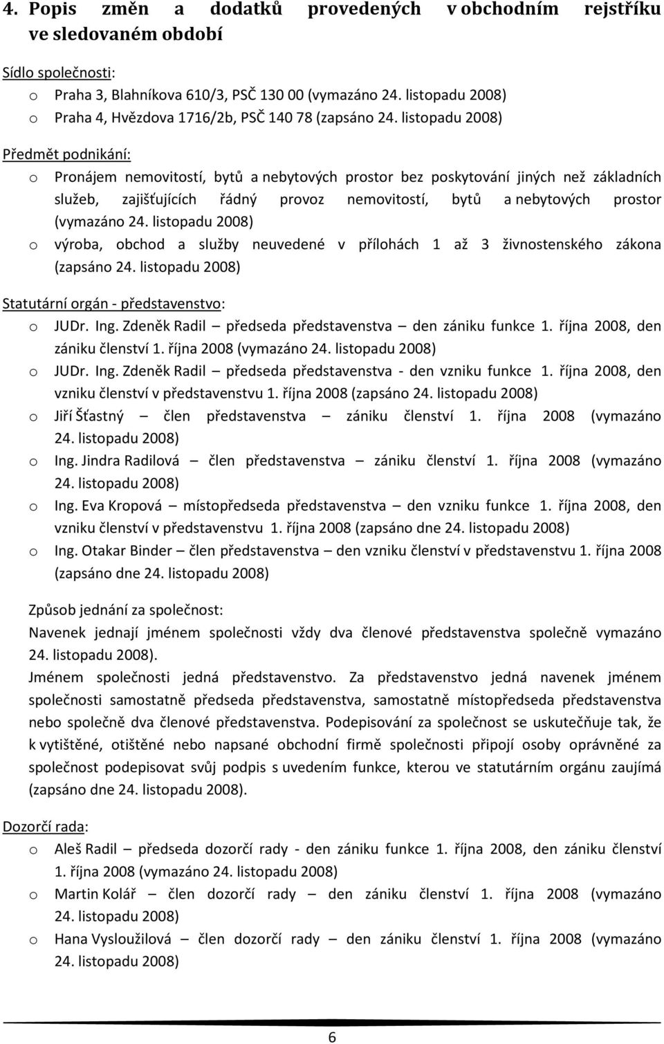 listopadu 2008) Předmět podnikání: o Pronájem nemovitostí, bytů a nebytových prostor bez poskytování jiných než základních služeb, zajišťujících řádný provoz nemovitostí, bytů a nebytových prostor