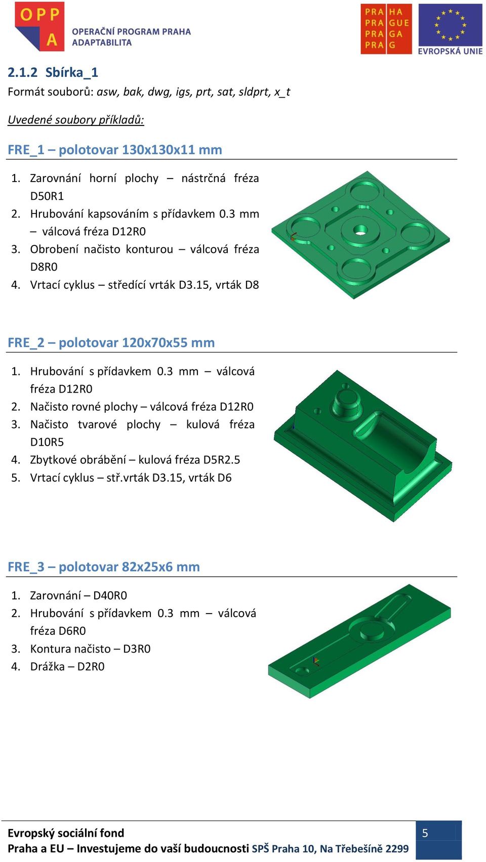 Hrubování s přídavkem 0.3 mm válcová fréza D12R0 2. Načisto rovné plochy válcová fréza D12R0 3. Načisto tvarové plochy kulová fréza D10R5 4. Zbytkové obrábění kulová fréza D5R2.5 5.