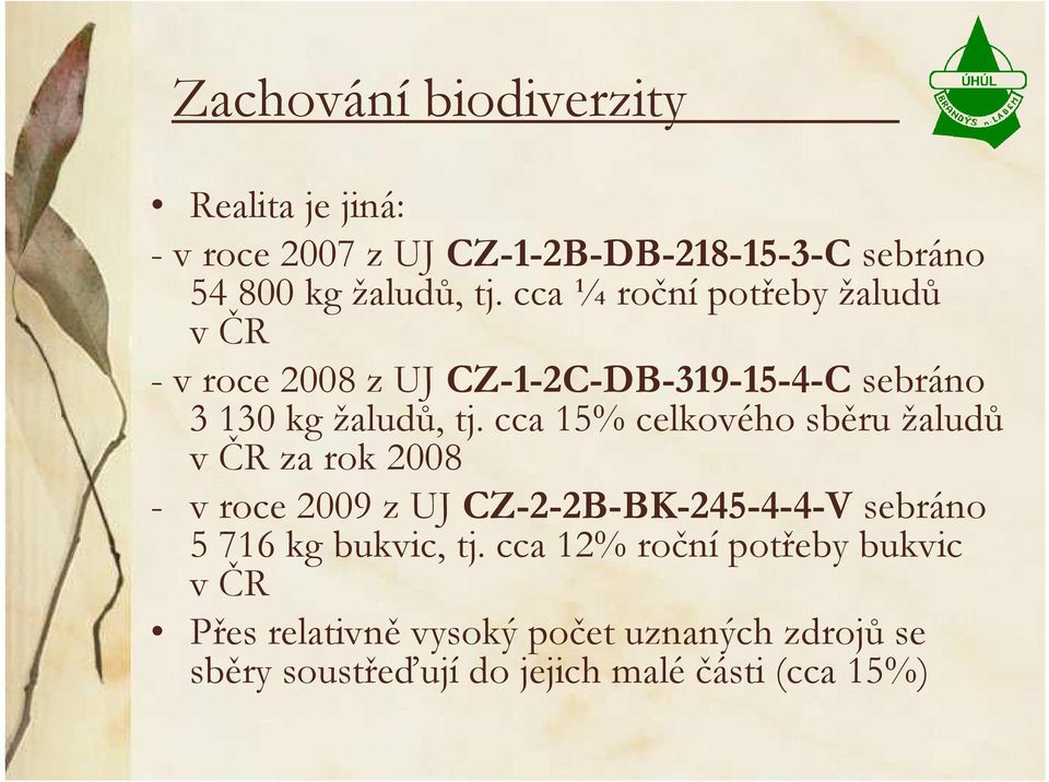 cca 15% celkového sběru žaludů v ČR za rok 2008 - v roce 2009 z UJ CZ-2-2B-BK-245-4-4-V sebráno 5 716 kg bukvic,
