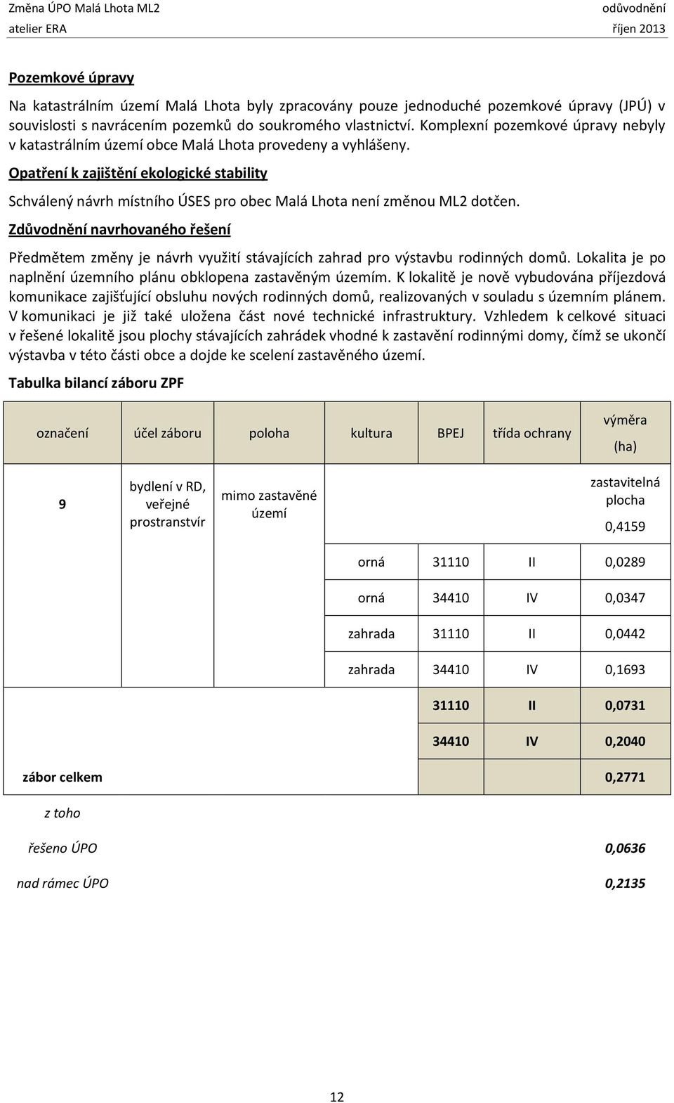 Opatření k zajištění ekologické stability Schválený návrh místního ÚSES pro obec Malá Lhota není změnou ML2 dotčen.