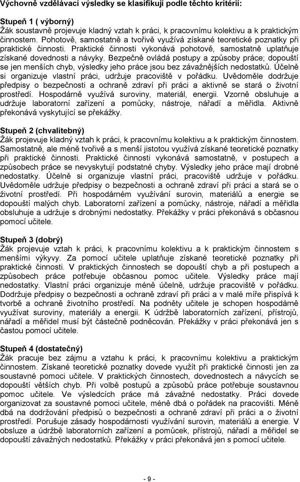 Bezpečně ovládá postupy a způsoby práce; dopouští se jen menších chyb, výsledky jeho práce jsou bez závažnějších nedostatků. Účelně si organizuje vlastní práci, udržuje pracoviště v pořádku.