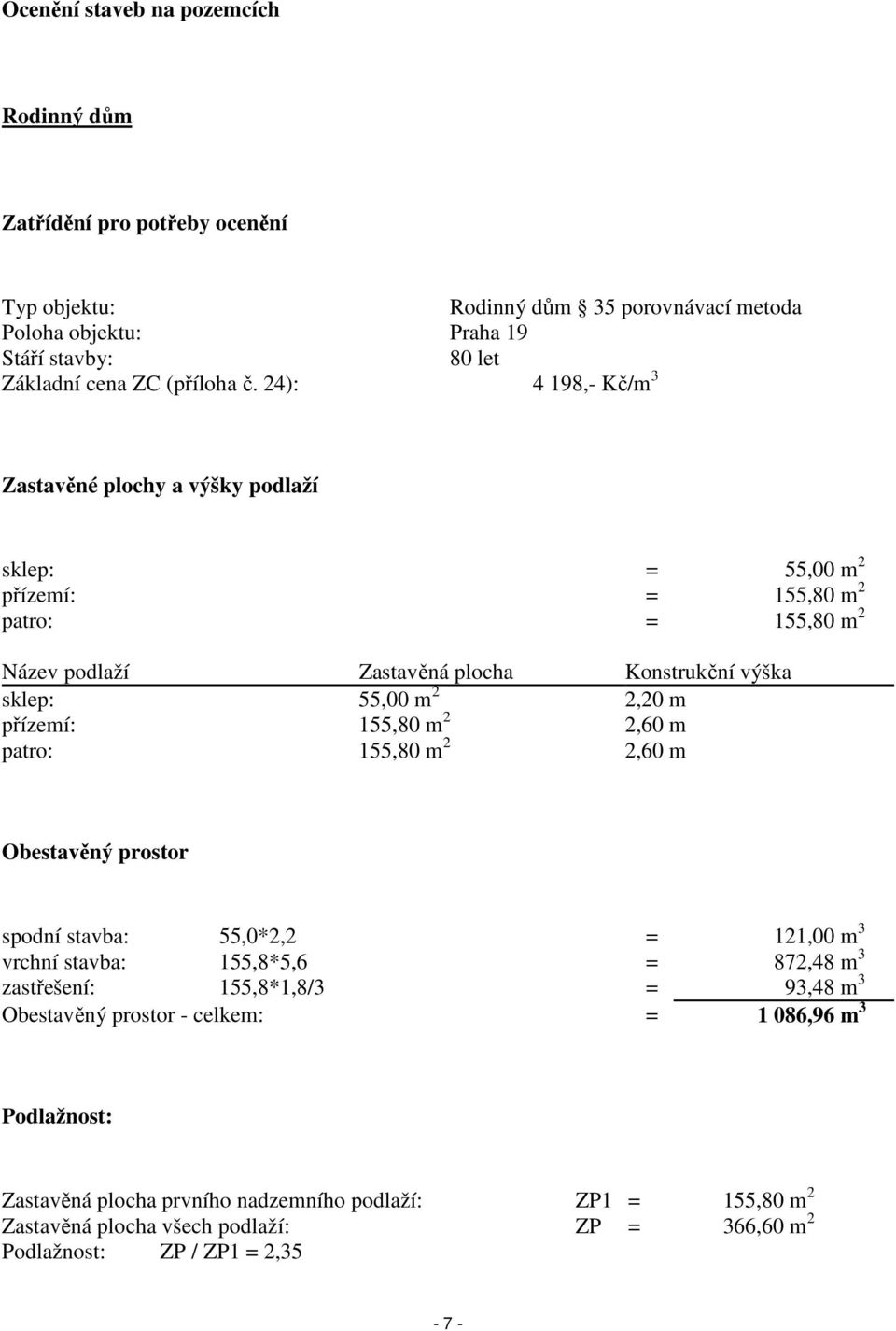 přízemí: 155,80 m 2 2,60 m patro: 155,80 m 2 2,60 m Obestavěný prostor spodní stavba: 55,0*2,2 = 121,00 m 3 vrchní stavba: 155,8*5,6 = 872,48 m 3 zastřešení: 155,8*1,8/3 = 93,48 m 3