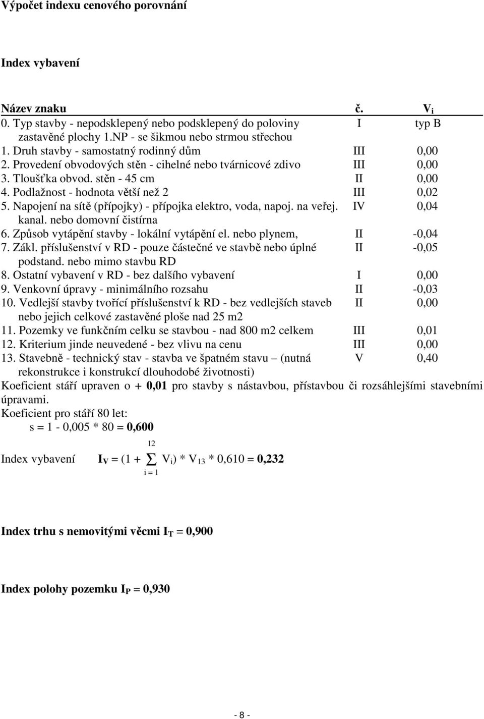 Podlažnost - hodnota větší než 2 III 0,02 5. Napojení na sítě (přípojky) - přípojka elektro, voda, napoj. na veřej. IV 0,04 kanal. nebo domovní čistírna 6.