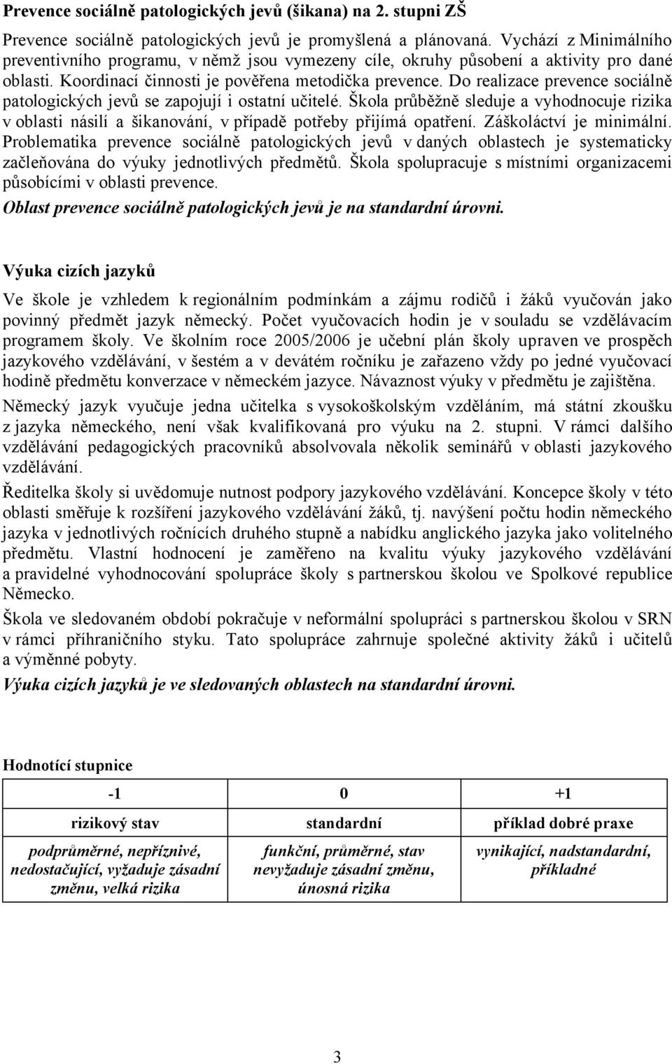 Do realizace prevence sociálně patologických jevů se zapojují i ostatní učitelé. Škola průběžně sleduje a vyhodnocuje rizika v oblasti násilí a šikanování, v případě potřeby přijímá opatření.