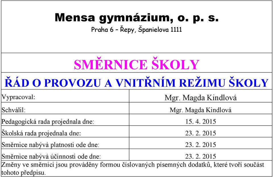 Pedagogická rada projednala dne: 15. 4. 2015 Školská rada projednala dne: 23. 2. 2015 Směrnice nabývá platnosti ode dne: 23.