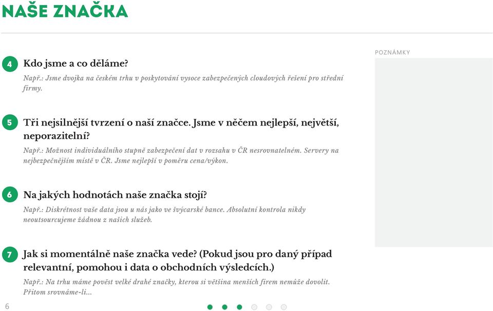 Jsme nejlepší v poměru cena/výkon. 6 Na jakých hodnotách naše značka stojí? Např.: Diskrétnost vaše data jsou u nás jako ve švýcarské bance.