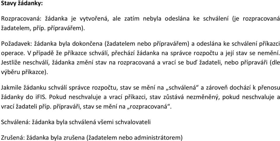 Jestliže neschválí, žádanka změní stav na rozpracovaná a vrací se buď žadateli, nebo přípraváři (dle výběru příkazce).