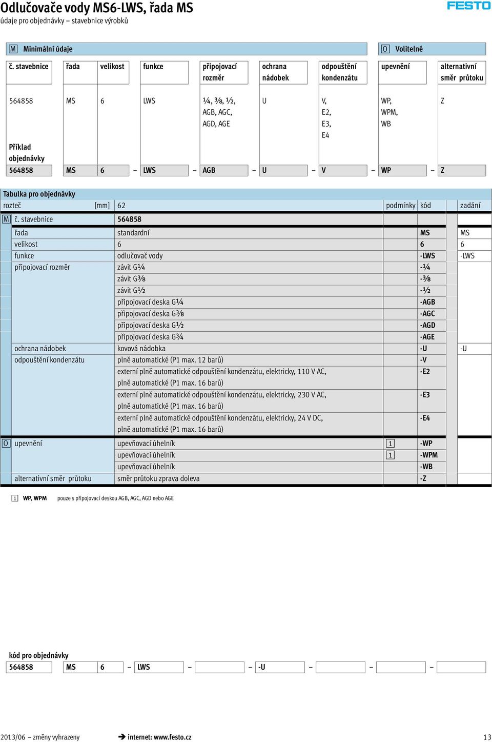 objednávky 564858 MS 6 LWS AGB U V WP Z WP, WPM, WB Z Tabulka pro objednávky rozteč [mm] 62 podmínky kód zadání 0M č.